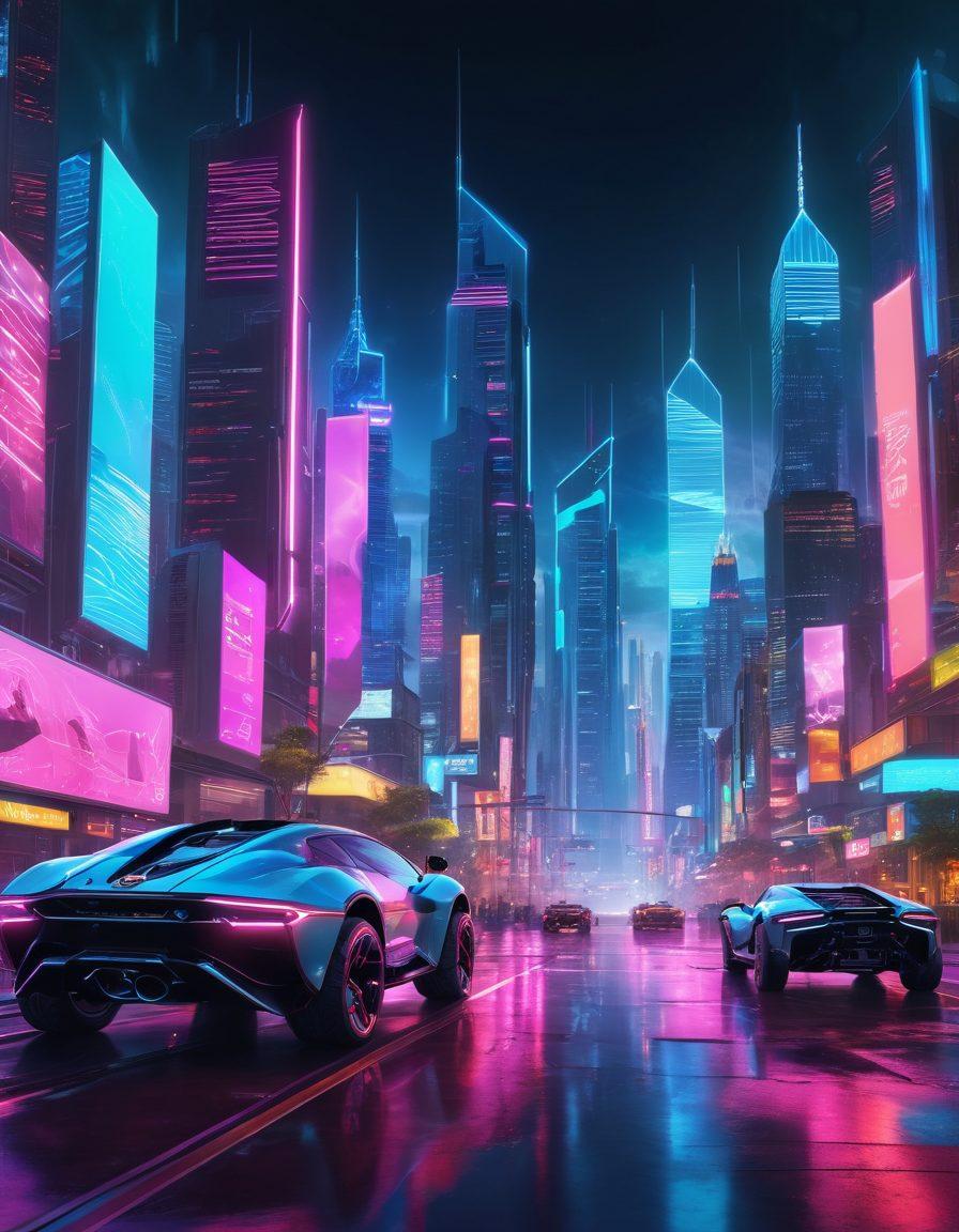 A futuristic tech landscape showcasing advanced hardware innovations like sleek holographic devices, robots, and augmented reality interfaces, with vibrant neon lights and dynamic colors illuminating the scene. In the background, a city skyline symbolizes technological advancement with drones flying above. Emphasize a sense of movement and excitement to depict the revolution in technology. cyberpunk. vibrant colors. super-realistic.