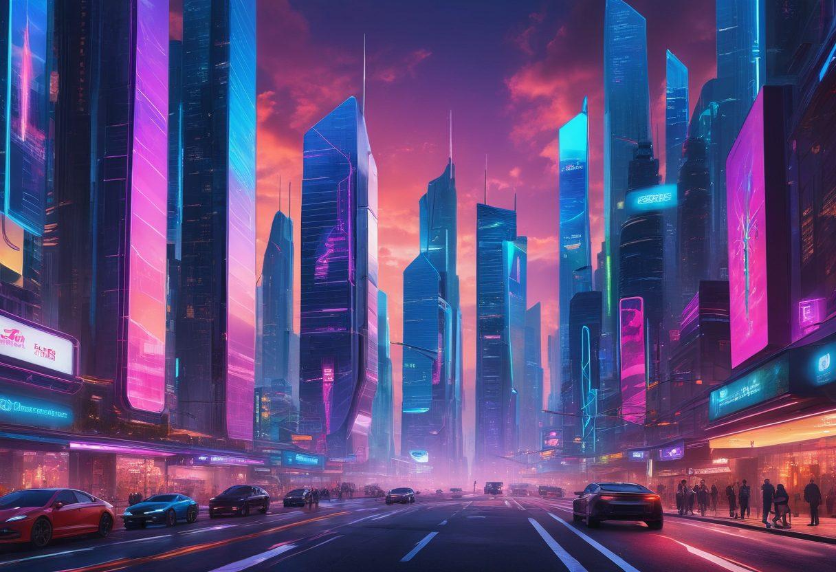A futuristic city skyline filled with towering, sleek buildings made of glass and metal, illuminated by neon lights. In the foreground, display innovative gadgets like holographic screens and advanced robotics interacting with users. Hovering drones and autonomous vehicles can be seen navigating the vibrant streets. The sky is a brilliant blend of colors suggesting dusk, casting a dramatic glow on the urban landscape. cyberpunk, vibrant colors, 3D.
