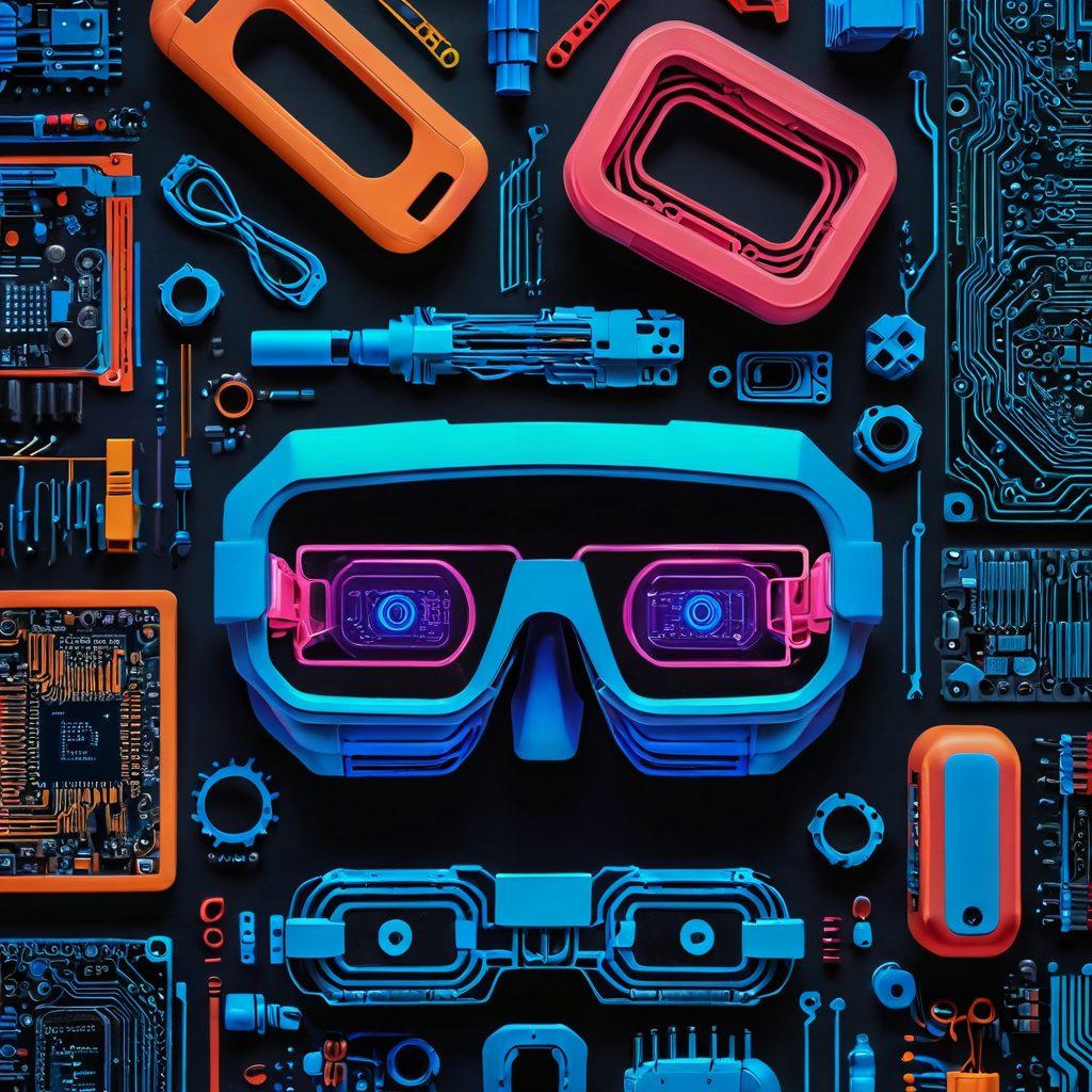 A visually striking collage of futuristic gadgets like smart glasses, drones, and 3D printers, set against a backdrop of a digital circuit board. Incorporate vibrant neon colors to highlight the gadgets’ innovative features, with subtle glowing effects that represent emerging technology trends. Include abstract representations of data flows and hardware components for a dynamic feel. super-realistic. vibrant colors. high-tech aesthetic.